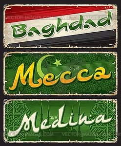 Baghdad, Mecca, Medina city travel sticker plates - vector clipart