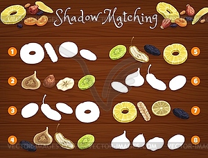 Shadow matching game worksheet with dried fruits - vector clipart