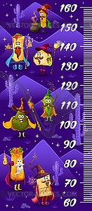 Kids height chart, cartoon Mexican food wizards - vector image