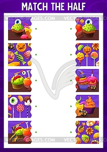 Match half puzzle game with Halloween desserts - vector EPS clipart