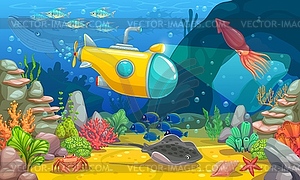 Underwater game landscape with submarine, ocean - vector image