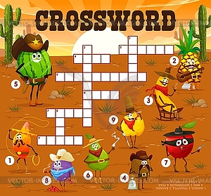 Crossword quiz game of cartoon fruit cowboys - vector image