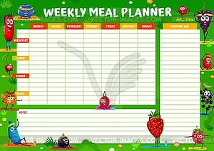 Weekly meal planner with berry characters on yoga - vector image