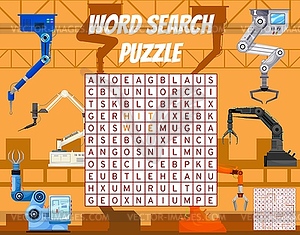 Robot arms on factory word search game worksheet - vector clip art