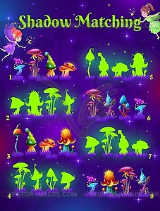 Shadow matching game, cartoon magic mushrooms - vector clip art