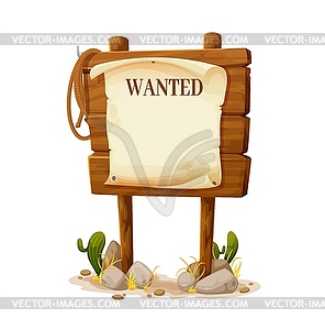 Cartoon Wild West wanted board, dead or alive sign - vector image