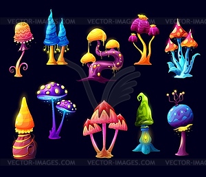Fairy cartoon mushrooms and luminous toadstools - vector clip art