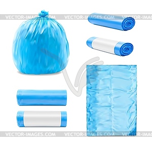 Blue plastic garbage bags, realistic sacks mockup - vector clipart