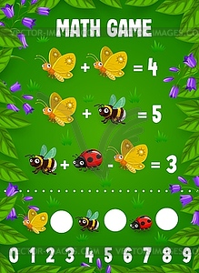 Math game worksheet with cartoon insect characters - vector image