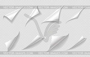 Curly paper page corners, sheet curls, turn folds - vector image