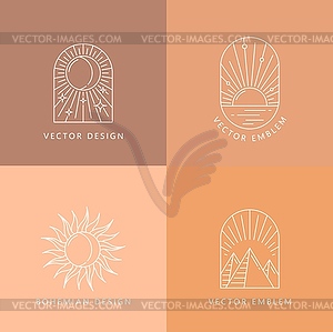 Boho sun, moon, pyramids and stars, outline icons - color vector clipart