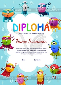 Kids diploma, cartoon vitamin superhero characters - vector clip art