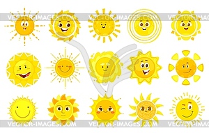 Солнечные персонажи, детские мультяшные улыбки со счастливым лицом - векторизованное изображение