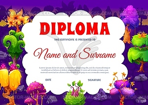 Kids diploma with fantasy forest magic trees - vector image