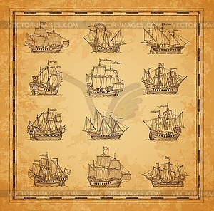 Sail ship, sailboat brigantine sketch, vintage map - color vector clipart