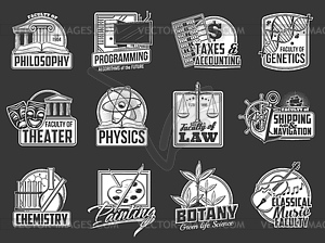 University faculties icons or labels set - vector image