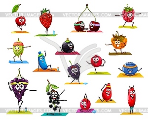 Cartoon berry fruits characters in yoga poses - vector clip art