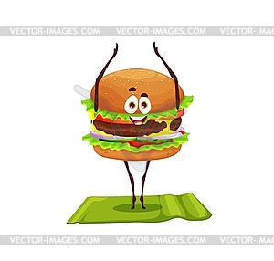 Cartoon funny burger character on yoga fitness - vector clipart