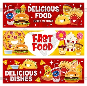 Cartoon takeaway fast food characters banners - vector clip art