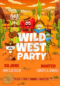Wild West party flyer of cartoon cowboy vegetables - vector image
