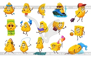 Cartoon cheese characters on sport, relax, leisure - vector clipart