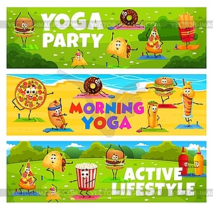 Yoga fitness banners with cute fast food character - vector EPS clipart