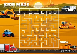 Construction machines, transport on labyrinth maze - vector image