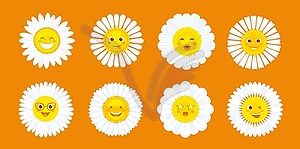 Cartoon cute camomiles or daisy flowers characters - vector clip art