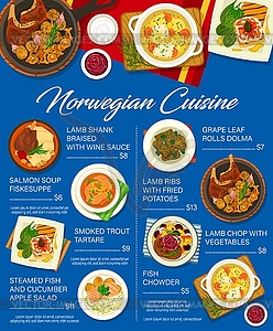 Norwegian cuisine menu, meat, fish, vegetable food - vector clipart