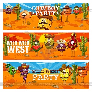 Wild West western cowboy party, fruit characters - stock vector clipart