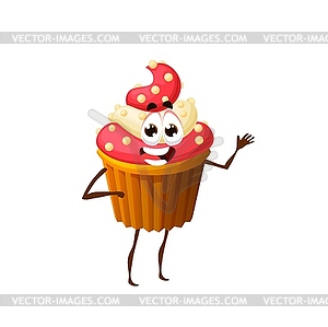 Cartoon strawberry cupcake character, funny muffin - vector image