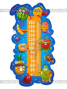 Kids height chart meter, cartoon superhero fruits - vector image