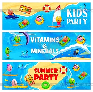Мультяшные персонажи с витаминами и минералами на каникулах - векторное графическое изображение