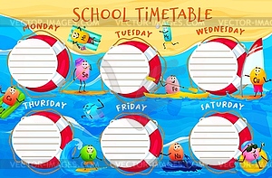 School timetable schedule, cartoon vitamins, beach - vector image