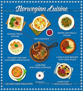 Norwegian cuisine menu with fish and meat food - vector clip art