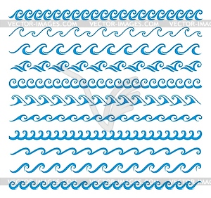 Линии волн морского и океанского прибоя, границы голубой воды - векторная графика