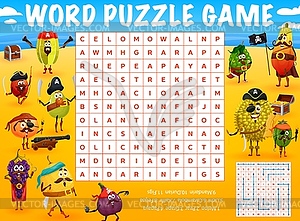 Cartoon fruit pirate characters word search puzzle - vector clipart