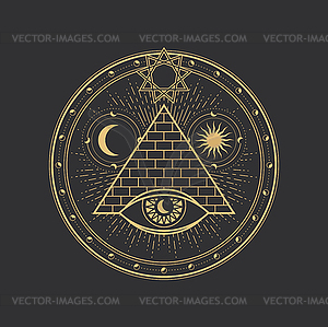 Pentagram symbol, circle, magic pyramid and eye - vector image