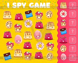 I spy game quiz with cartoon dessert characters - vector clip art