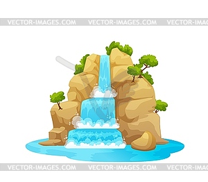 Mountain river waterfall, cartoon water cascade - vector clipart