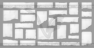 White torn paper, rip paper pieces and page strips - vector image