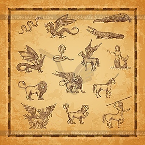 Vintage map characters of unicorn, dragon, pegasus - vector image
