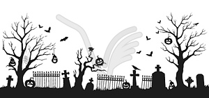 Halloween cemetery silhouette with pumpkin, trees - vector image