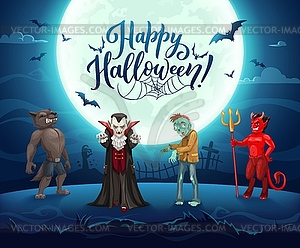 Halloween monsters characters on night cemetery - vector clipart