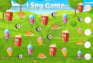 I spy game worksheet, cartoon fast food, desserts - vector image