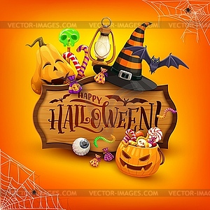 Halloween banner with cartoon pumpkin, hat, sweets - vector clipart