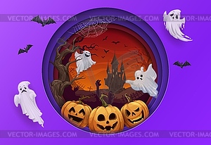 Halloween paper cut with ghosts, castle landscape - vector image