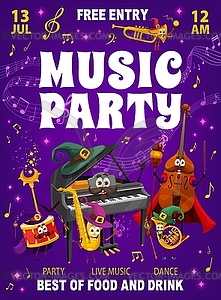 Music party flyer, mage wizard musical instruments - vector clipart