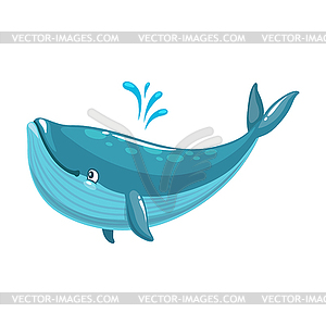 Cartoon funny blue whale character, water splash - vector clip art