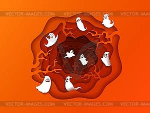 Ghosts on cemetery Halloween holiday paper cut - vector image